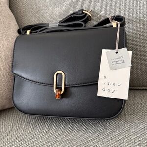 Faux Leather Crossbody Bag - Shoulder Bag - Black Purse Gold Hardware